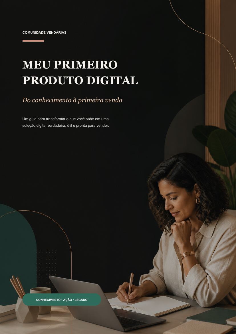 Capa do e-book Meu Primeiro Produto Digital — Do conhecimento à primeira venda, da Comunidade Vendárias.